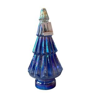 Illuminated Glass Christmas Tree 13.25in Blue & Gold Chic LED Holiday Decor New